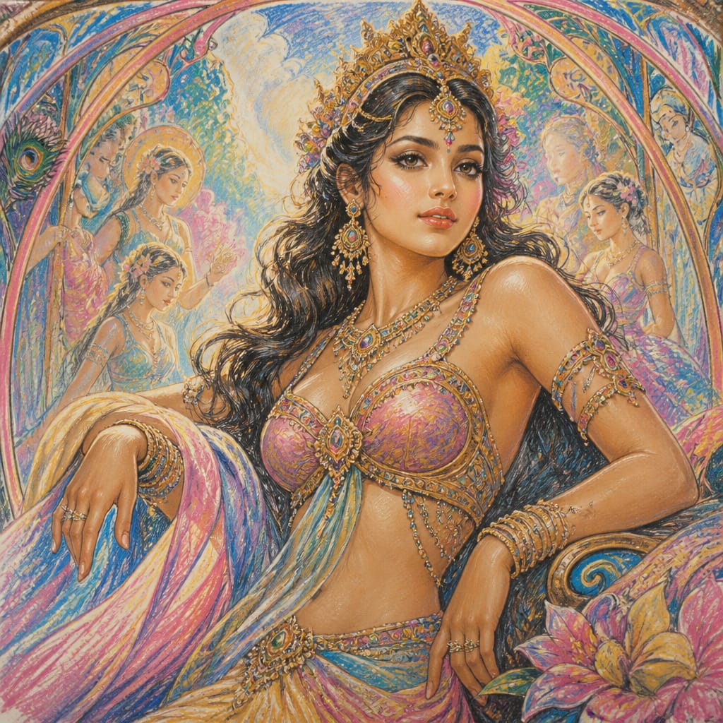 A regal Apsara in jeweled attire, framed by peacock feathers, lotus blossoms, and attendant celestial dancers